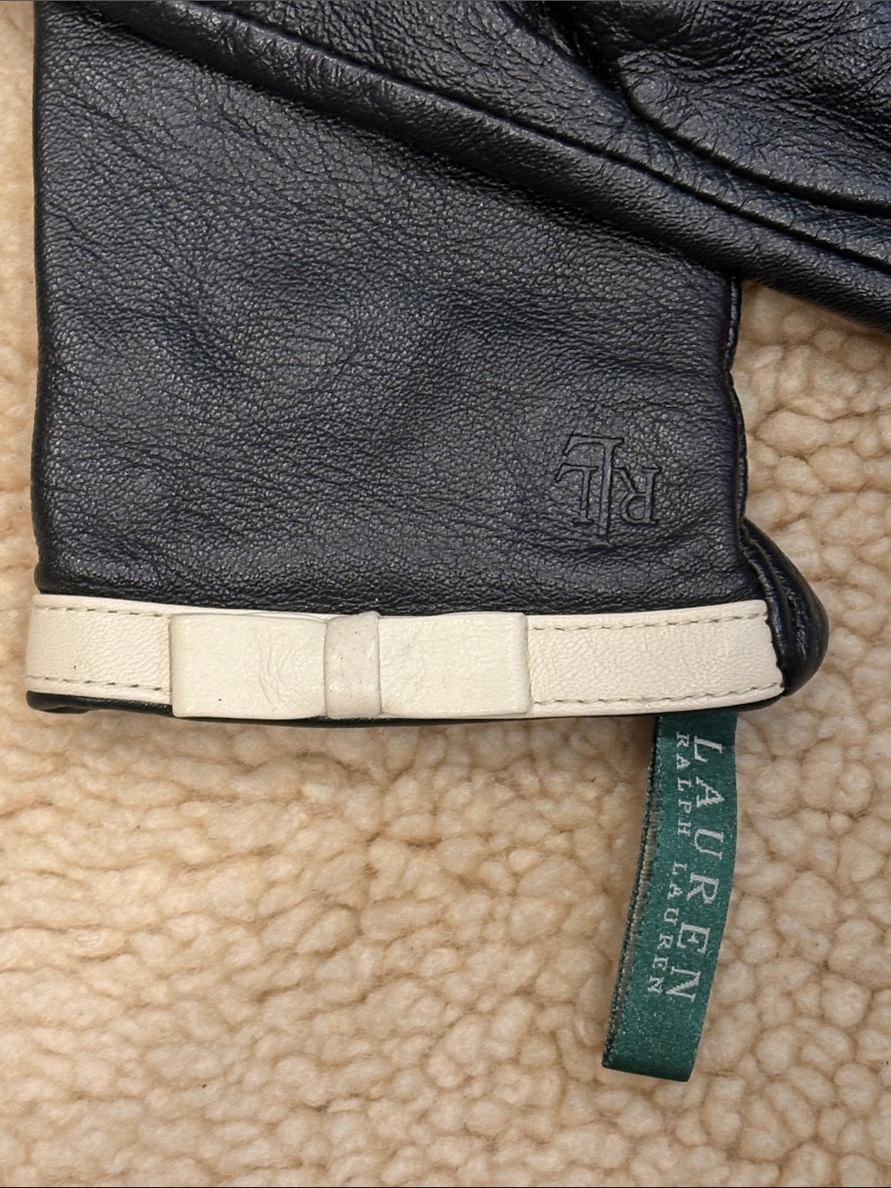 Lauren Ralph Lauren Black Leather Gloves with Cream Trim